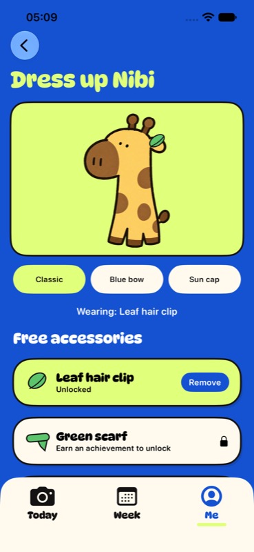 Dress up Nibi: a leaf hair clip is equipped, with more accessories to unlock.